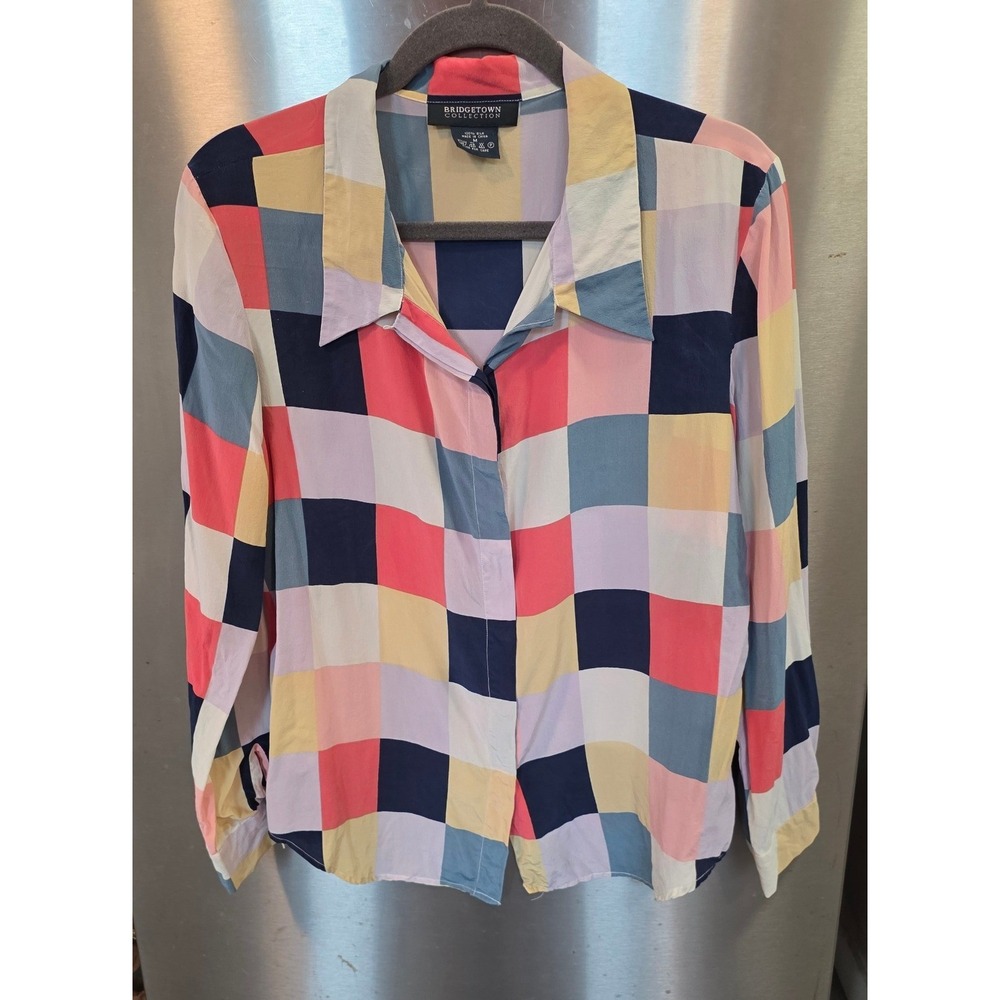 Bridgetown Collection Women M Silk Blouse Multi Color Patchwork Grid Button Down